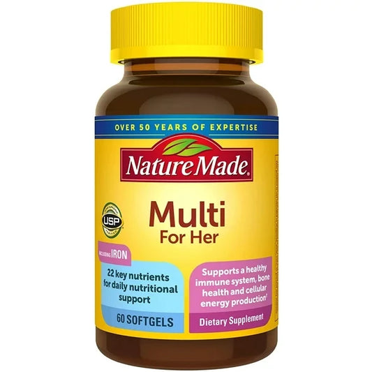 Nature Made Multivitamin For Her 50+ with No Iron for Daily Nutritional Support, 60 Softgels