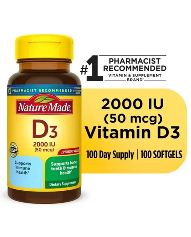 Nature Made Vitamin D3 2000 IU (50 mcg) Softgels, Dietary Supplement for Bone and Immune Health Support, 100 Count