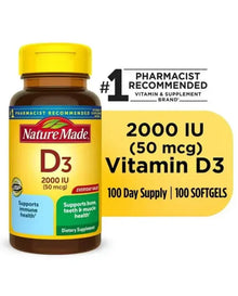 Nature Made Vitamin D3 2000 IU (50 mcg) Softgels, Dietary Supplement for Bone and Immune Health Support, 100 Count Nature Made