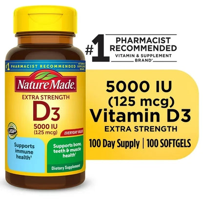 Nature Made Extra Strength Vitamin D3 5000 IU (125 mcg) Softgels, 100 Count
