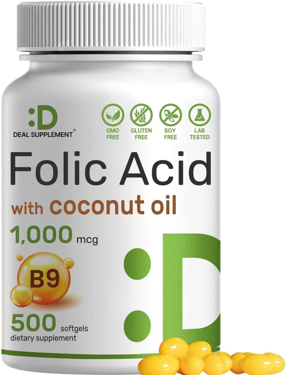 DEAL SUPPLEMENT Folic Acid 1000 mcg (1 mg), 500 Coconut Oil Softgels | Bioavailable Prenatal Vitamins (Vitamin B9) – 1,667 mcg DFE – Easy to Swallow,...