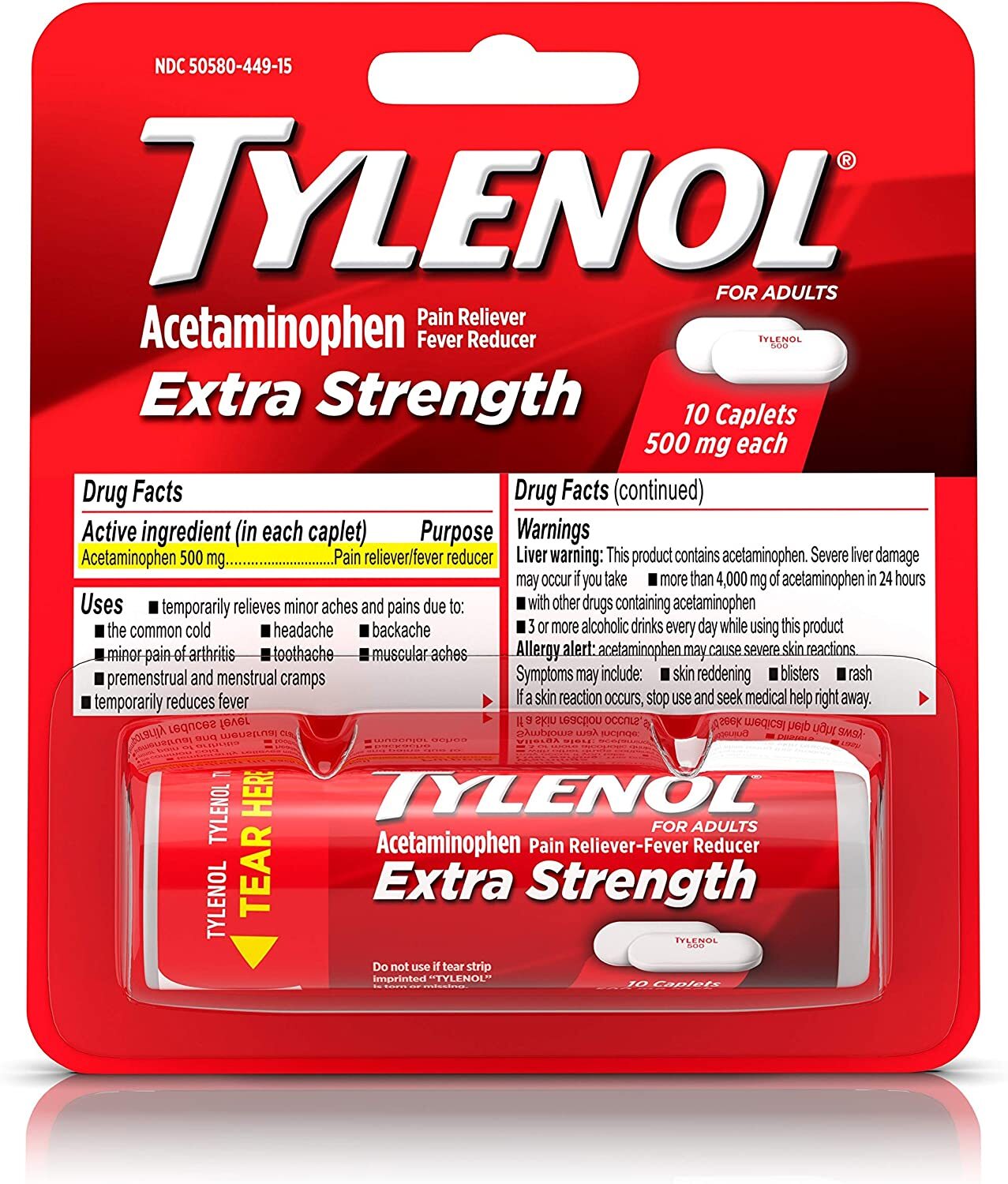 Tylenol Extra Strength Caplets with 500 mg Acetaminophen, Pain Reliever & Fever Reducer, 10 ct