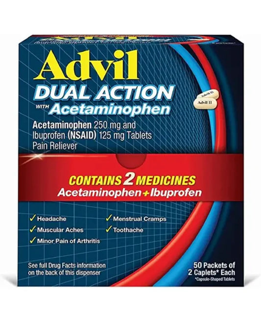 Advil Dual Action Coated Caplets with 250 Mg Ibuprofen and 500 Mg Acetaminophen Per Dose (2 Dose Equivalent) for 8 Hour Pain Relief - 2 Count x 50