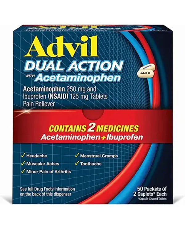 Advil Dual Action Coated Caplets with 250 Mg Ibuprofen and 500 Mg Acetaminophen Per Dose (2 Dose Equivalent) for 8 Hour Pain Relief - 2 Count x 50 Vitamins Depots