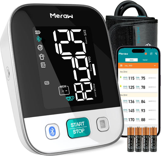 Meraw Bluetooth Blood Pressure Machine, High Accuracy Blood Pressure Cuff Arm 8.7-16.5' with Irregular Heartbeat Monitoring, Unlimited Memories in APP, 4 AAA Batteries