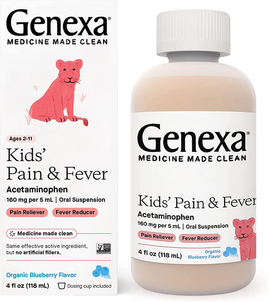 Genexa Children's Acetaminophen Pain and Fever Reducer | 160 mg per 5mL | Made with Delicious Organic Blueberry Flavor | 4 Fluid Ounces