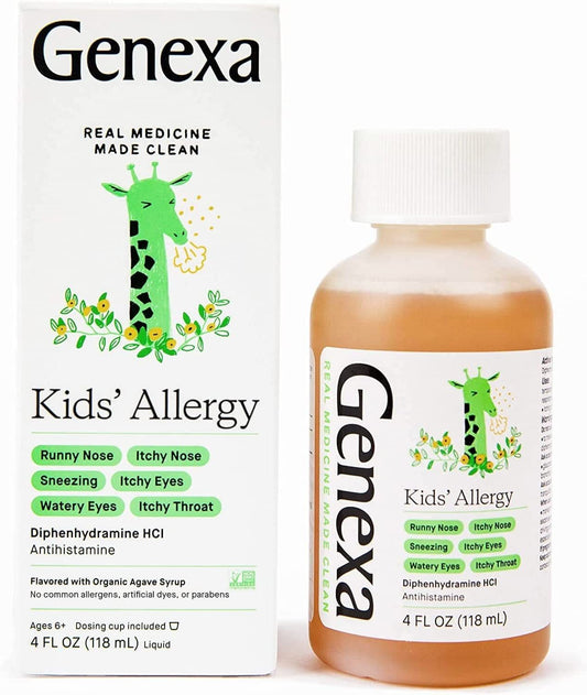 Genexa Kids' Liquid Allergy Medication - 4oz - Effective Antihistamine Medication for Children - Organic Agave Flavor - Certified Vegan, Gluten-Free.