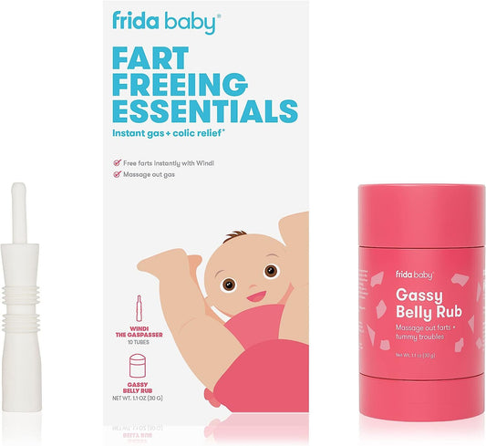 Frida Baby Fart Freeing Essentials | Includes Windi and Gassy Belly Rub for Safe, Natural, and Instant Gas and Colic Relief for Infants and Babies