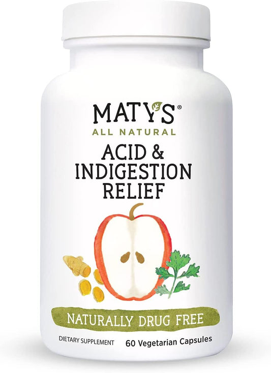 MATY'S Acid& Indigestion Relief Capsules Safe & Effective, All Natural Heartburn Antacid Alternative Made with Apple Cider Vinegar, Ginger & Turmeric  60 Count (30 Servings)