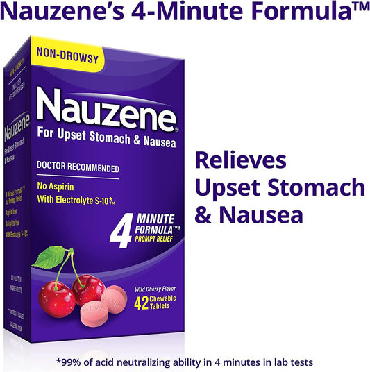 Nauzene Upset Stomach & Nausea Chewable Tablets Flavor, Wild Cherry, 42 Count