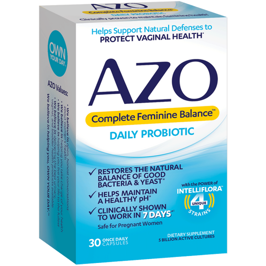 AZO Complete Feminine Balance Daily Probiotics for Women, Clinically Proven to Help Protect Vaginal Health, balance pH and yeast, Non-GMO, 30 Count