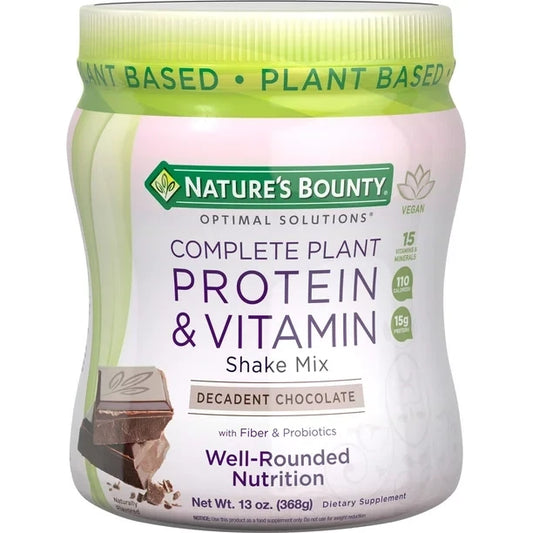 Nature's Bounty Complete Plant Protein & Vitamin Shake Mix by Nature's Bounty Optimal Solutions, with Fiber and Probiotics, Plant Based, Decadent Chocolate, 13 Oz