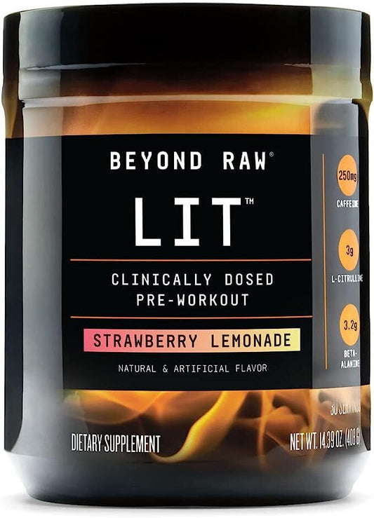 Beyond Raw LIT | Clinically Dosed Pre-Workout Powder | Contains Caffeine, L-Citruline, and Beta-Alanine, Nitric Oxide and Pre-workout Supplement | Strawberry Lemonade | 30 Servings