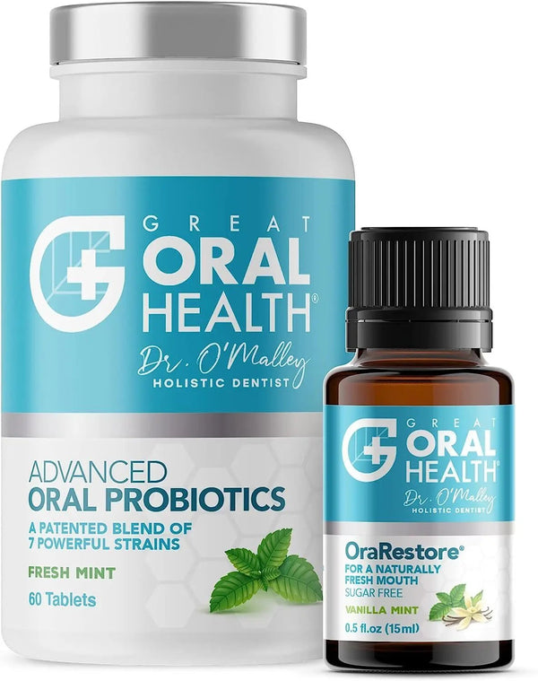 Advanced Bad Breath Treatment Duo — The Oral Probiotics Tablet & OraRestore Natural Mouth & Tooth Concentrated Oil — Dentist Formulated Mint Flavor Vitamins Depots