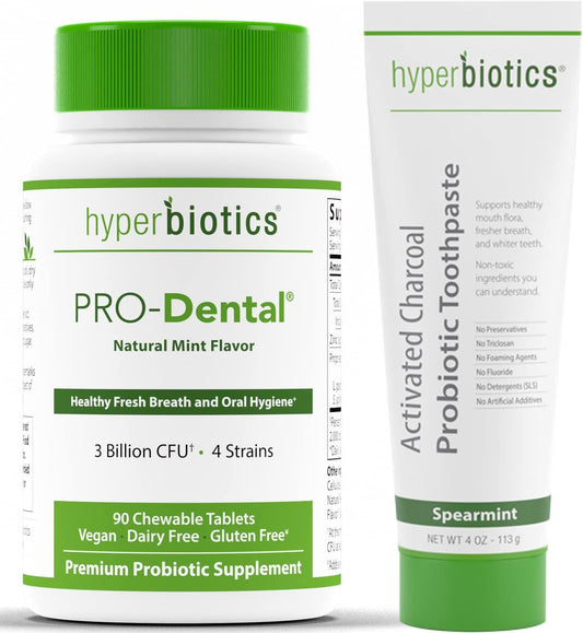 Hyperbiotics Vegan Pro Dental ENT and Spearmint Charcoal Toothpaste | Probiotic Bundle | Freshen Bad Breath | 90 Count Tablets and 4oz Tube