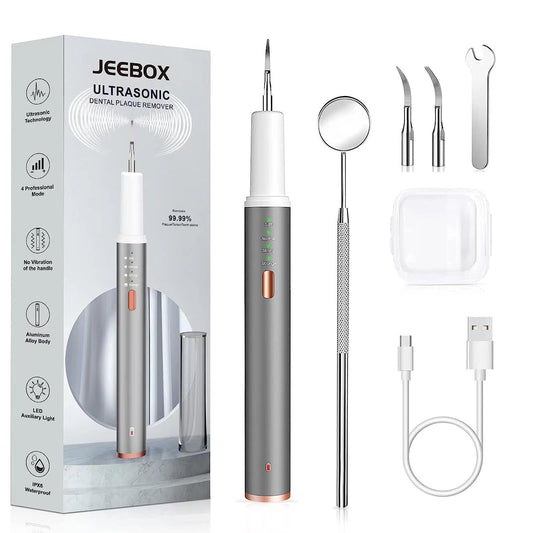 JEEBOX Plaque Remover for Teeth, Electric Tooth Cleaner Tartar Remover for Teeth, Teeth Cleaning Kit Dental Tools with 4 Adjustable Modes & 2 Replaceable Heads & Oral Mirror & LED Light