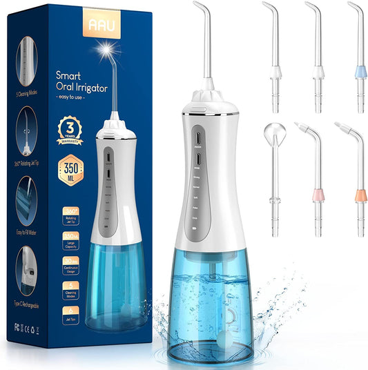 AAU Cordless Water Dental Flosser for Teeth - Portable and Rechargeable 350ML Oral Irrigator with 5 Modes 6 Replaceable Tips - IPX7 Waterproof Powerful Battery Life Water Dental Picks for Travel Home