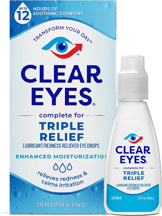 Clear Eyes Triple Relief Eye Drops, Relieves Redness & Calms Irritation, 0.5 Fl Oz