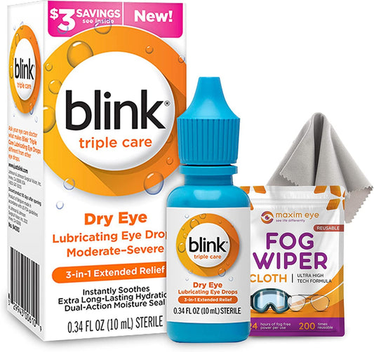 Maxim Eye Blink Triple Care Lubricating Eye Drops Moderate-Severe, Blink Eye Drops for Dry Eyes 10 ml, Bundled with 1 Reusable Anti-Fog Cloth for Eyeglasses