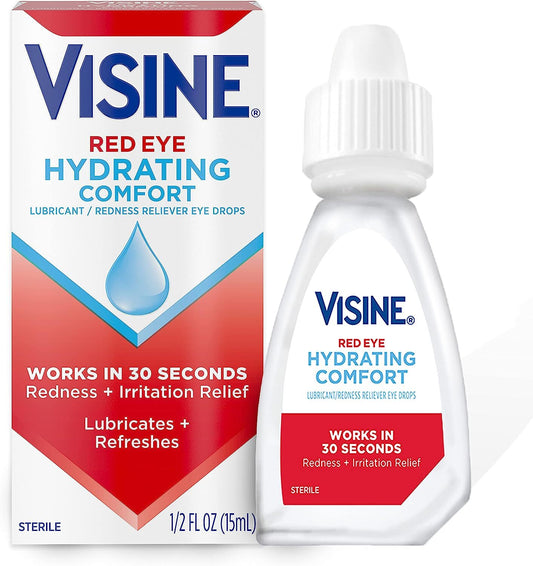 Visine Red Eye Hydrating Comfort Redness Relief and Lubricant Eye Drops to Help Moisturize and Relieve Red Eyes Due to Minor Eye Irritations Fast, Tetrahydrozoline HCl, 0.5 fl. oz