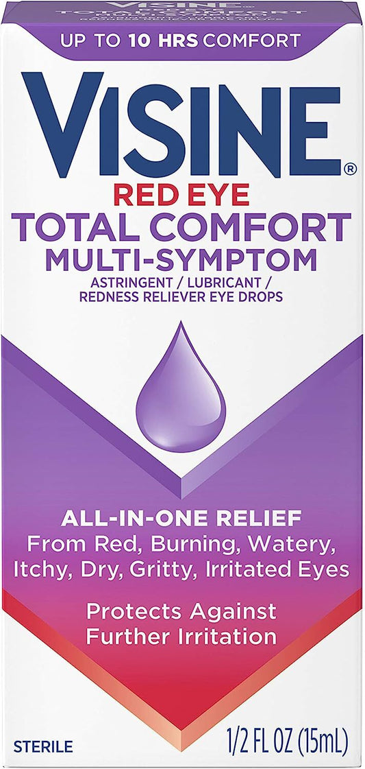 Visine Red Eye Total Comfort Multi-Symptom Eye Drops, All-in-One Astringent, Lubricant & Redness Reliever Eye Drops for Irritated, Dry, Burning, Watery, Itchy, Red, Gritty Eyes, 0.5 fl. oz