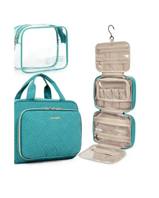 BAGSMART Toiletry Bag Hanging Travel Makeup Organizer with TSA Approved Transparent Cosmetic Bag Makeup Bag for Full Sized Toiletries (Blue, Large)