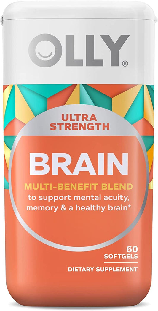 OLLY Ultra Strength Brain Softgels, Nootropic, Supports Healthy Brain Function, Memory, Focus and Concentration, Omega-3s, Vitamins B6 and B12, 30 Day Supply - 60 Count