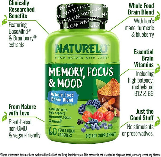 NATURELO Whole Food Brain Blend Supplement, Helps Support Memory, Focus and Mood - 60 Vegetarian Capsules