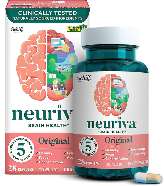 NEURIVA Original Decaffeinated Clinically Tested Nootropic Brain Supplement for Memory, Focus & Concentration, NeuroFactor & Phosphatidylserine, 28ct Capsules