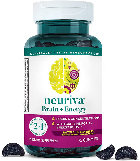 NEURIVA Brain + Energy Gummies, Nootropic Brain Supplements for Focus and Concentration with Neurofactor, Vitamin B12 & Caffeine for an Energy Boost*,...