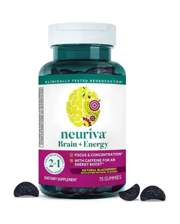 NEURIVA Brain + Energy Gummies, Nootropic Brain Supplements for Focus and Concentration with Neurofactor, Vitamin B12 & Caffeine for an Energy Boost*, 75ct Natural BlackBerry Vitamins Depots