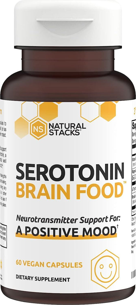 NATURAL STACKS Serotonin w/L Tryptophan & Rholiola - Mood Support & Serotonin Supplement - Promotes Positive Mood, Calmness, Increased Energy - Happy Mood & Brain Support Supplement (60ct)