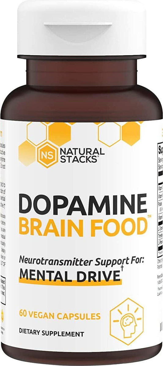 NATURAL STACKS Dopamine Focus Supplement & Memory Supplement for Brain w/ L-Tyrosine - Promotes Mental Drive, Clarity & Focus - Natural Dopamine Supplements & Mood Support Supplement, 60 Vegan Capsule