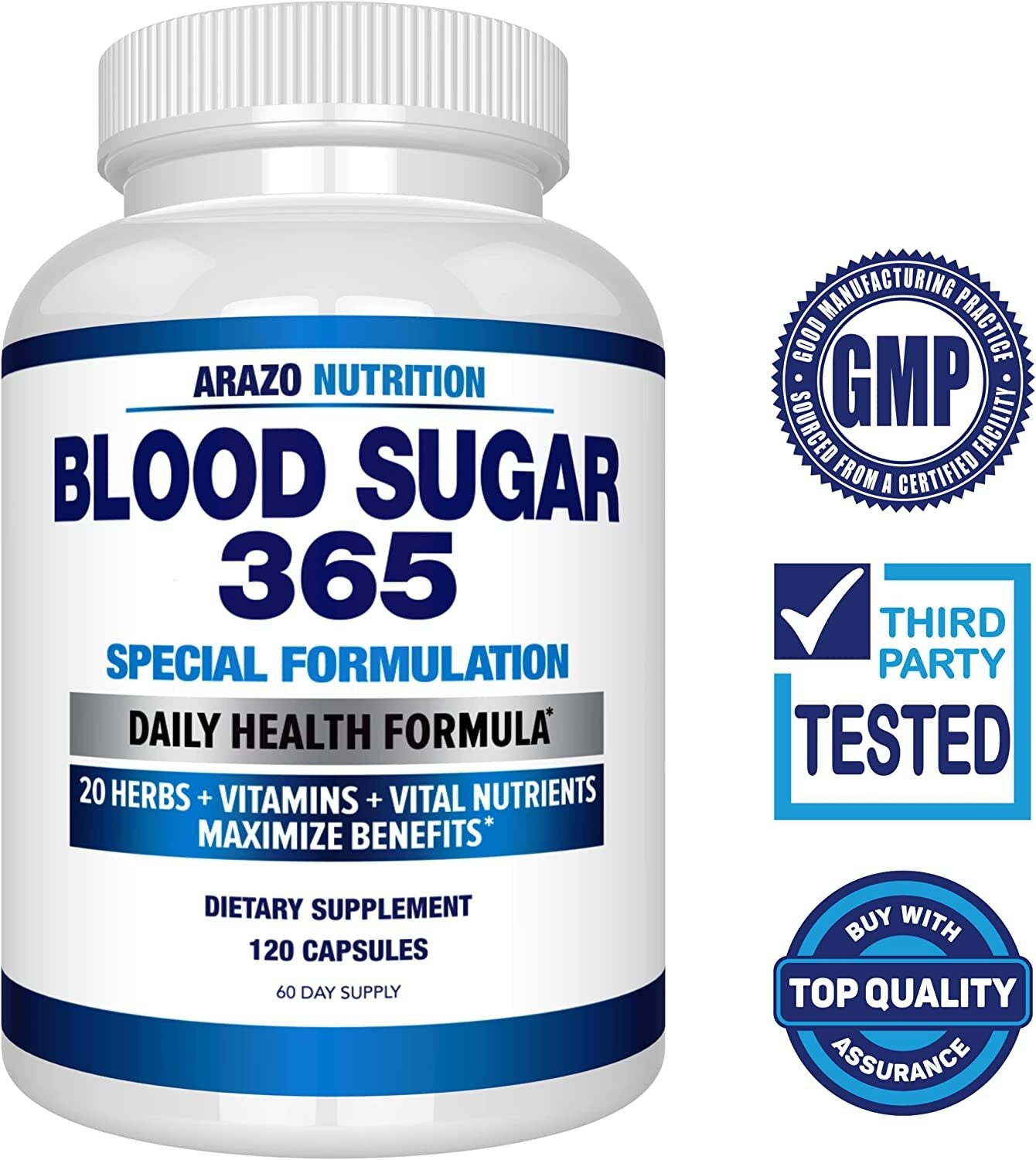Arazo Nutrition Blood Sugar 365 Supplement - 120 Herbal Pills - 60 Day Supply