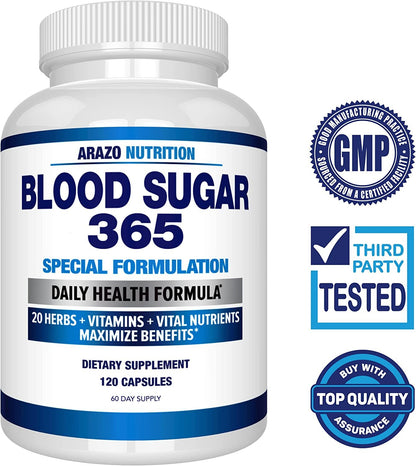 Arazo Nutrition Blood Sugar 365 Supplement - 120 Herbal Pills - 60 Day Supply
