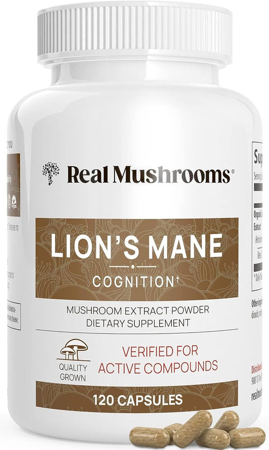 Real Mushrooms Lion’s Mane Capsules - Organic Lions Mane Mushroom Extract for Cognitive Function & Immune Support - Brain Supplements for Memory and Focus - Vegan Mushroom Supplement, 120 Caps