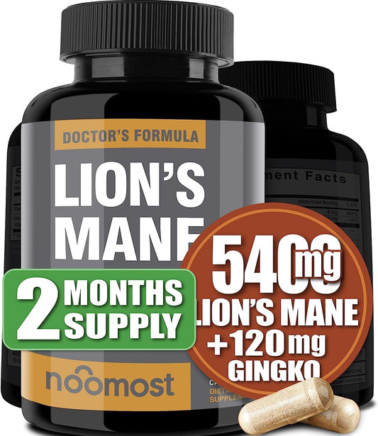 Organic Lions Mane Mushroom Capsules 5400mg, Ginkgo Biloba 120mg - Lion's Mane Ginko Biloba Memory Supplement for Nootropic Brain & Mental Clarity, Ginko Smart Maximum Focus and Memory