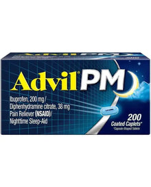 Advil PM Pain Reliever/Nighttime Sleep Aid, Ibuprofen and Diphenhydramine (1 Pack ,200 Coated Caplets) Advil