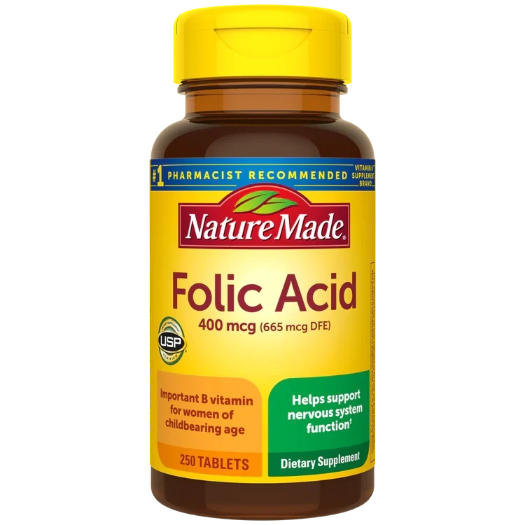 Nature Made Folic Acid 400 mcg (665 mcg DFE), Dietary Supplement for Nervous System Function, 250 Tablets, 250 Day Supply