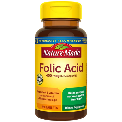 Nature Made Folic Acid 400 mcg (665 mcg DFE), Dietary Supplement for Nervous System Function, 250 Tablets, 250 Day Supply