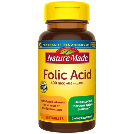 Nature Made Folic Acid 400 mcg (665 mcg DFE), Dietary Supplement for Nervous System Function, 250 Tablets, 250 Day Supply