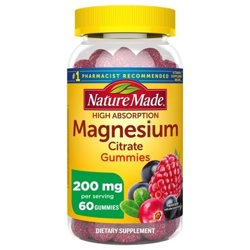 Nature Made High Absorption Magnesium Citrate 200 mg per serving, Dietary Supplement for Muscle, Nerve, Bone and Heart Support, 60 Gummies, 30 Day Supply