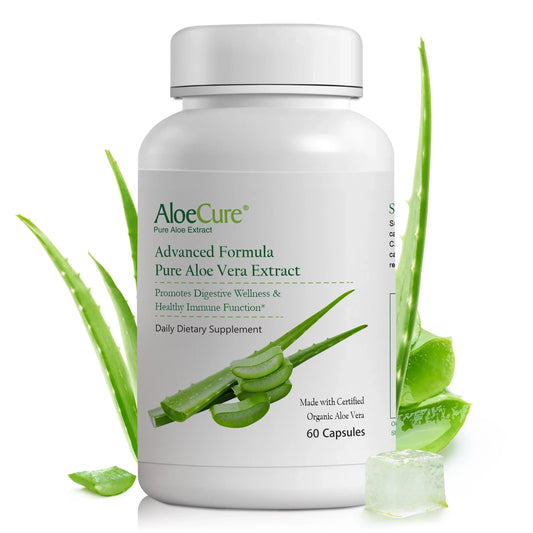 AloeCure Organic Aloe Vera Capsules, 130,000mg Equivalent per Capsule, 60 Capsules - Natural Stomach Acid Buffer - Vegan Digestive & Immune Supplement - Grown on Our Own Organic Farms - Aloin Free