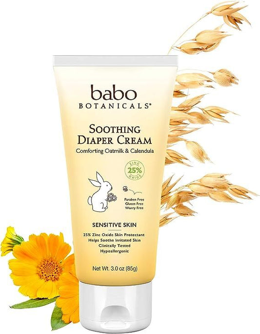 Babo Botanicals Soothing Baby Diaper Cream - with Non-Nano Zinc Oxide, Colloidal Oatmeal & Organic Calendula - Safe for Sensitive or Dry Skin - Vegan, Preservative & Mineral Oil Free - 3 oz