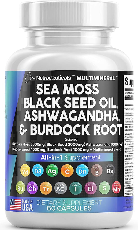 Sea Moss 3000mg Black Seed Oil 2000mg Ashwagandha 1000mg Turmeric 1000mg Bladderwrack 1000mg Burdock 1000mg & Vitamin C Vitamin D3