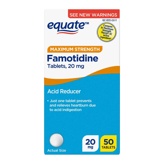 Equate Famotidine Tablets, 20 mg, Maximum Strength, Acid Reducer for Heartburn Relief 50 count