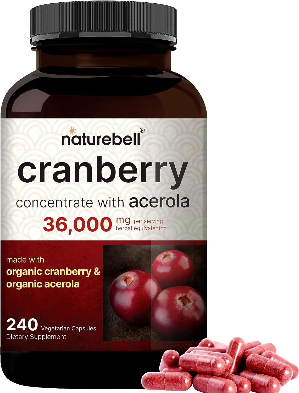 NatureBell Cranberry Pills 36,000mg with Acerola, 240 Veggie Capsules | 100:1 Fresh Cranberries Extract – Made with Organic Ingredients – Supports Urinary Tract Health – Sugar Free