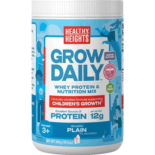 Grow Daily 3+ Shake Mix 7-serving Canister by Healthy Heights - Protein Powder (Plain) - Developed by Pediatricians - High in Protein Nutritional Shake - Contains Key Vitamins & Minerals