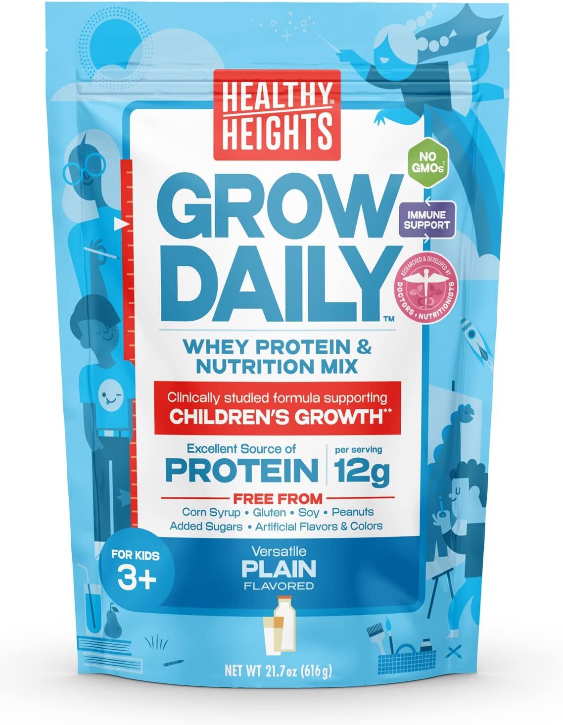 Healthy Height Grow Daily 3 Protein Powder (Plain) - Developed by Pediatricians - High in Protein Nutritional Shake - Contains Key Vitamins & Minerals