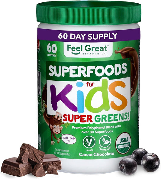 Feel Great USDA Organic Super Greens for Kids | Vegan Chocolate Greens Powder with Veggie Powder for Kids | Superfood Powder with Probiotics & Digestive Enzymes for Digestive Health | 2 Month Supply